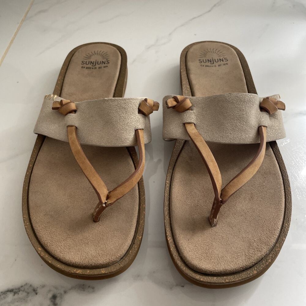 Sunjuns 8.5 Shannon Leather Thong Sandals Womens Tan White
